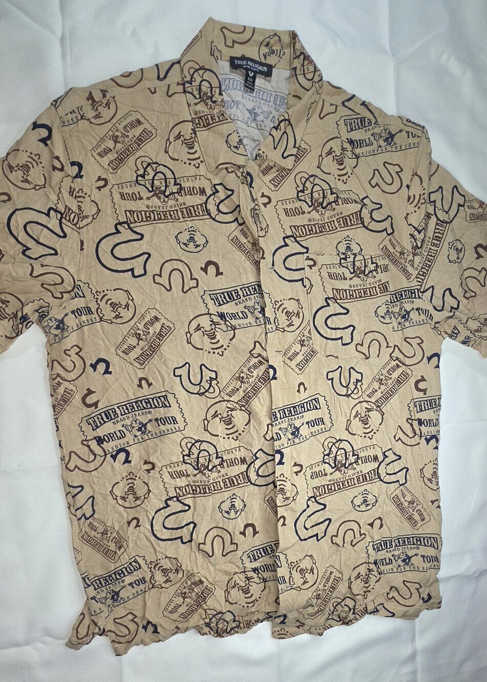 True Religion Ticket AOP Camp Shirt Men's Size M Short Sleeve Button Up Sku 213